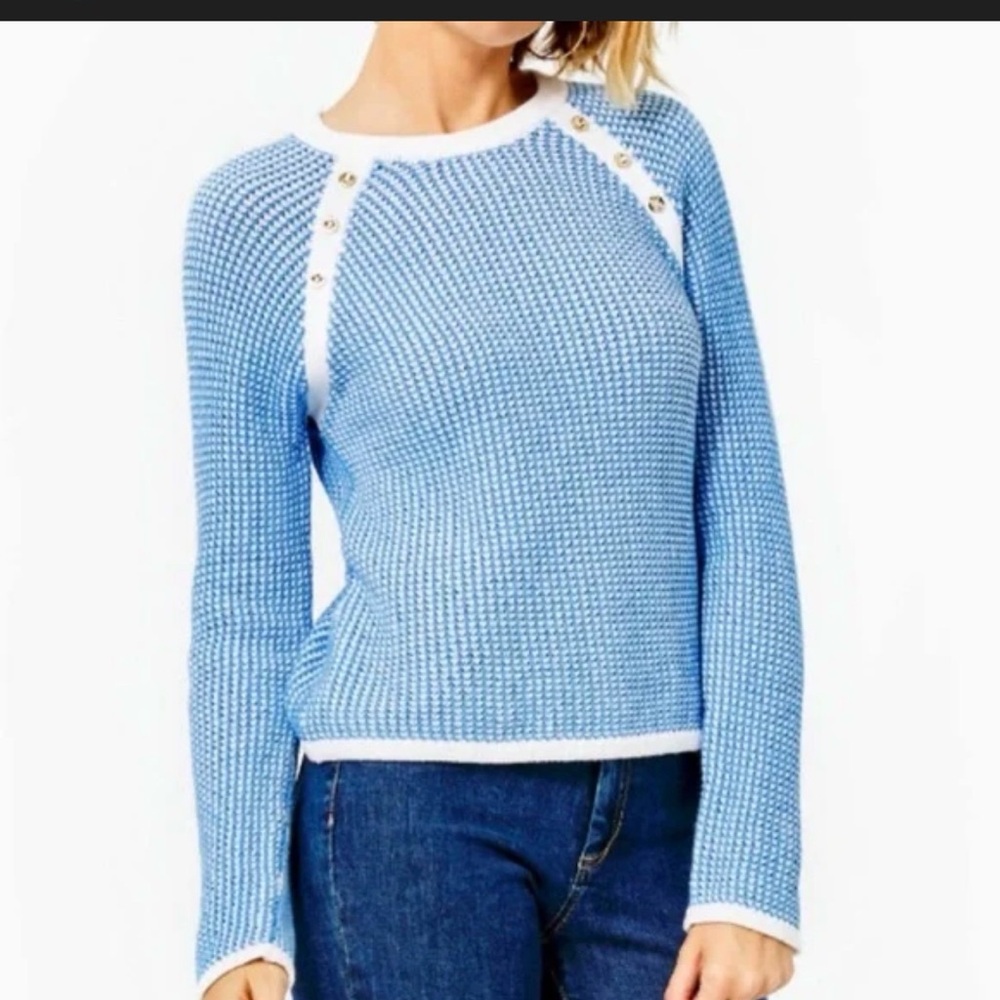 Lilly Pulitzer Blue White Costella Waffle Knit Crew Neck Sweater Size Large